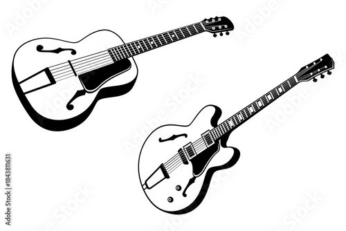 Retro Electric and Acoustic Guitars. Black and white vector cliparts isolated on white.