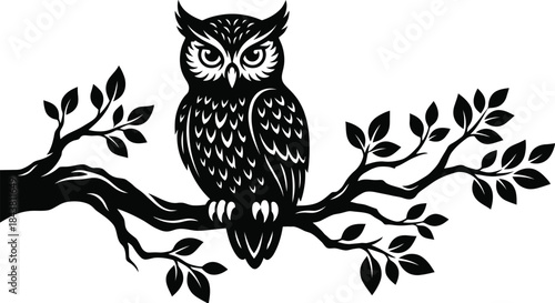 Owl on Tree Branch Silhouette Vector