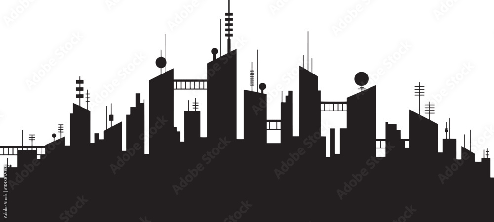 Obraz premium Modern city skyline silhouette with communication towers and connected buildings