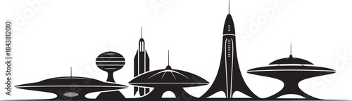 Futuristic city skyline with flying saucers and rockets, sci-fi urban landscape vector