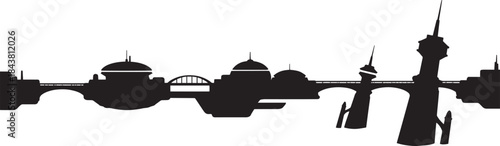Futuristic cityscape silhouette with unique architectural elements and elevated bridges background