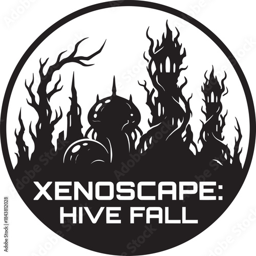 Xenoscape hive fall alien cityscape vector illustration futuristic organic buildings dark