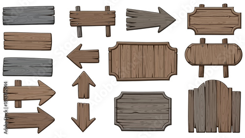 Wooden vector plank sign board set, UI game timber texture menu arrow panels isolated on white. Cartoon western road information empty pointer kit, announcement frame design element. Wooden sign