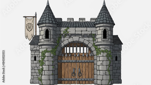 Castle gate vector medieval collection, open wooden ancient door, iron grate, stone arch isolated on white. Vintage city entrance, closed dungeon double entry. Game elements, castle gate illustration
