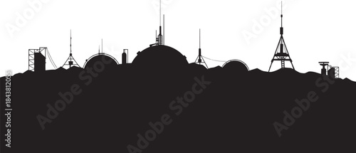 Futuristic skyline silhouette featuring advanced research facilities and communication towers