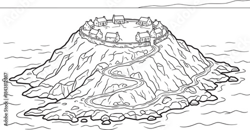 Line art illustration of a fortified village on a mountain island surrounded by water