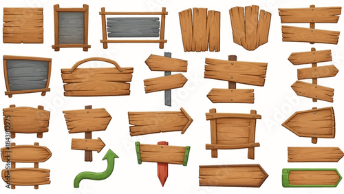 Wooden vector plank sign board set, UI game timber texture menu arrow panels isolated on white. Cartoon western road information empty pointer kit, announcement frame design element. Wooden sign