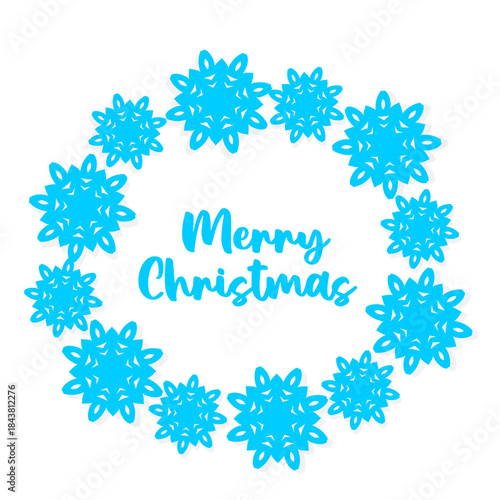 Beautiful frame from blue Christmas applique snowflakes on white background
