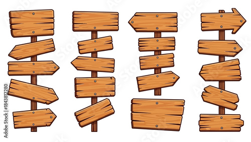 Wooden vector plank sign board set, UI game timber texture menu arrow panels isolated on white. Cartoon western road information empty pointer kit, announcement frame design element. Wooden sign