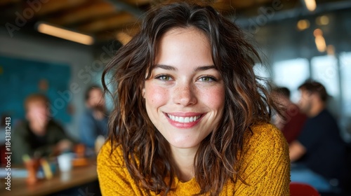 Wallpaper Mural This joyful young woman with curly hair and a warm smile embodies positivity, creating a lively atmosphere in a modern workspace filled with creativity and inspiration. Torontodigital.ca