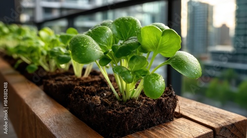 This beautiful image presents young green seedlings thriving in soil, highlighting urban gardening's charm and the beauty of nature's renewal within a city landscape.