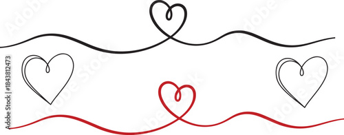  Love sign heart shape symbol in black and red white, continuous one line drawing hand drawn doodle heart, outline line art clipart, vector background border for valentines day, wedding, heart month.e