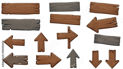 Wooden vector plank sign board set, UI game timber texture menu arrow panels isolated on white. Cartoon western road information empty pointer kit, announcement frame design element. Wooden sign
