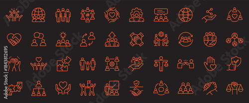 Community line icon set. Containg people, globe, home, heart Vector illustration Set.