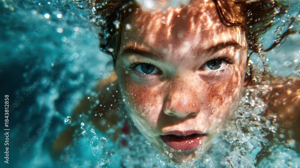 Fototapeta premium A captivating underwater close-up of a child, immersed in water, showcasing sparkling bubbles and expressive eyes, evoking feelings of curiosity, innocence, and wonder.
