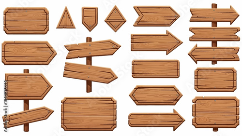 Wooden vector plank sign board set, UI game timber texture menu arrow panels isolated on white. Cartoon western road information empty pointer kit, announcement frame design element. Wooden sign