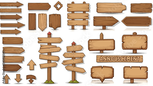 Wooden vector plank sign board set, UI game timber texture menu arrow panels isolated on white. Cartoon western road information empty pointer kit, announcement frame design element. Wooden sign
