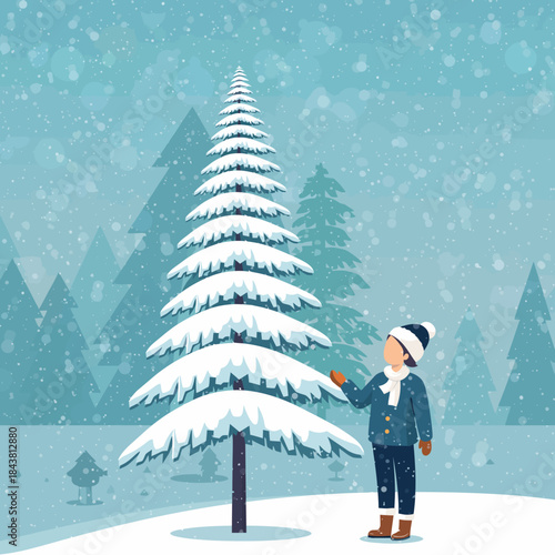 A person in winter clothes admiring a tall snow-covered pine tree in a snowy forest during a peaceful winter day.