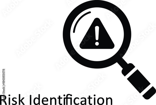Risk identification icon with magnifying glass, warning alert symbol, business analysis and safety assessment flat design isolated on white background