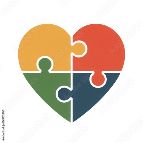 Four colorful puzzle pieces forming a heart shape symbolizing unity and connection