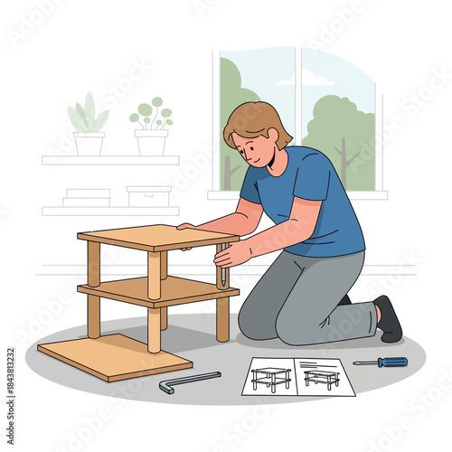 Person assembling wooden multi-tiered furniture, kneeling on floor, flat illustration style.