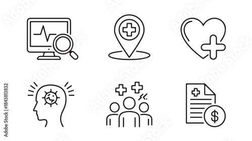 Medical Healthcare Icons Set with Location Symbol and Financial Document