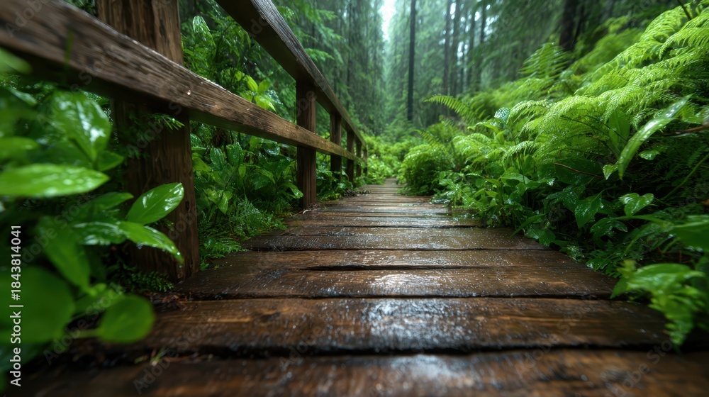 Fototapeta premium The image presents a serene wooden pathway surrounded by vibrant greenery in a tranquil forest, embodying the beauty of nature and the calm after a gentle rain.