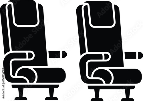 Airplane passenger seat icon set, airline travel seating symbol, economy class aircraft interior flat design isolated on white background