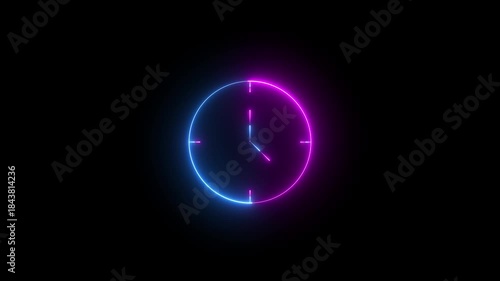 animation glowing neon color watch dial circle timer timekeeper analog  neon shine clock icon animation with dark background. neon shine clock icon animation with dark background.