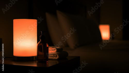 Fotografía A soothing bedside lamp illuminates a cozy bedroom setting at night
