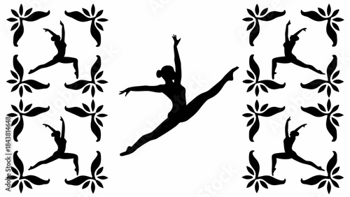 Silhouette of a graceful ballet dancer leaping high surrounded by decorative floral border elements