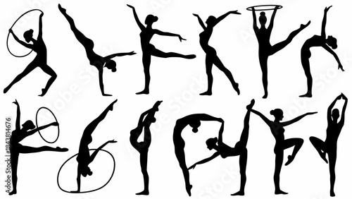 Silhouettes of rhythmic gymnasts performing various graceful poses and hoop routines in a collection