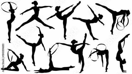 Collection of rhythmic gymnastics silhouettes performing various elegant poses with hoops and ribbons
