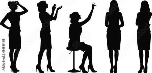 Business women silhouettes, professional female poses, corporate office style, leadership gestures, teamwork concept, elegant working women illustration, fashion figures