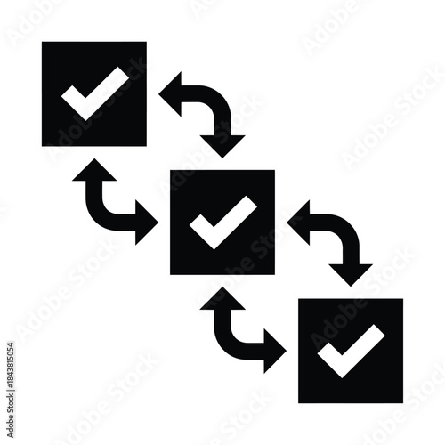 Progress indicators with checkmarks and arrows showing a sequential flow