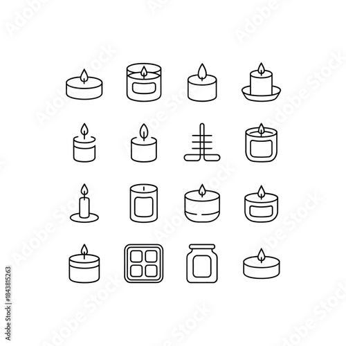 Assorted candle designs in simple black line drawings a collection of styles
