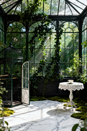 Enchanting Victorian greenhouse filled with lush greenery and a delicate tea set
