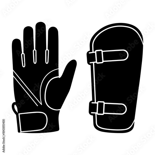 Black silhouette of a sports glove and a shin guard for athletic protection.