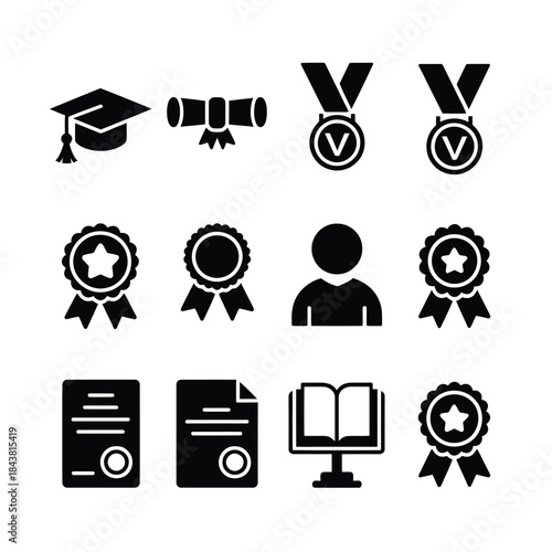 Academic achievements icons graduation cap medals diplomas and awards symbols