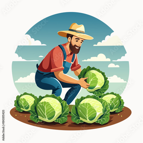 Farmer and Cabbage Harvest: A farmer in a straw hat tending to a vibrant field of cabbages, carefully selecting the perfect heads for harvest. capturing a moment of the natural world and agriculture