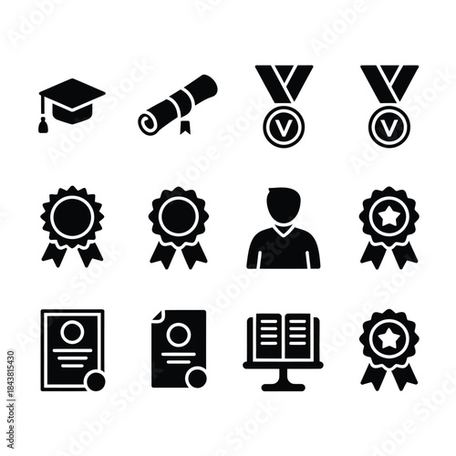 Graduation symbols cap diploma medals awards and academic achievements icons