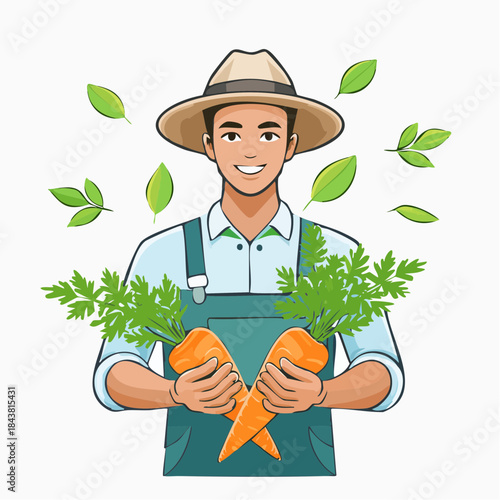 Cultivating the Harvest: A farmer beaming with pride showcases a fresh carrot harvest, surrounded by verdant leaves, symbolizing a dedication to agricultural life.