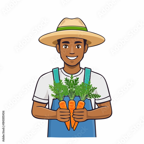 Farmer with fresh carrot harvest: A cheerful farmer proudly displays a bundle of freshly harvested carrots, symbolizing the bounty of the earth and the satisfaction of a successful harvest.
