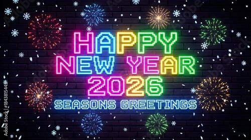 Glowing Blue Neon Pixel Text 2026 Seasons Greetings on Dark Wall