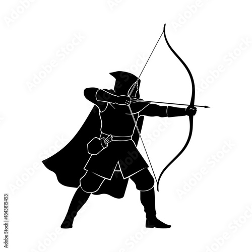Silhouette of an archer aiming a bow and arrow.