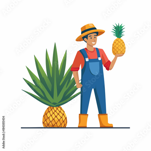 Harvest of Sunshine: A farmer, exuding pride and contentment, holds up a freshly picked pineapple in a vibrant orchard. Illustrating the bounty of nature and the rewards of hard work.