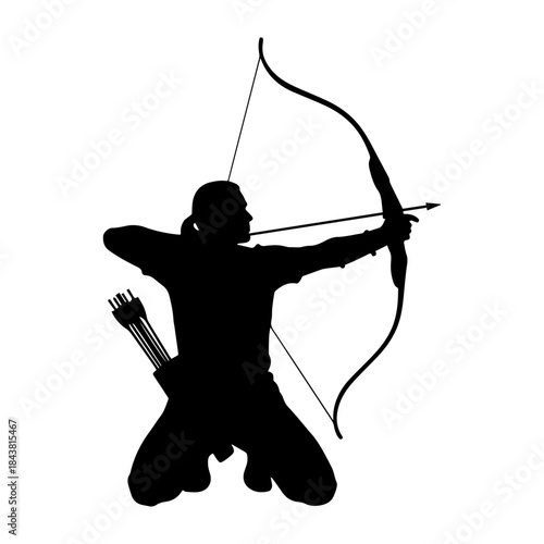 Silhouette of an archer kneeling and aiming a bow and arrow, ready to shoot with precision.
