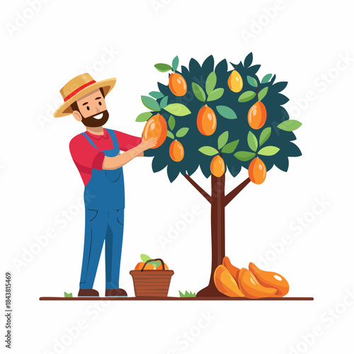 Harvest Time: A farmer meticulously picks ripe fruit from a bountiful tree under the sun's warm gaze, accompanied by a basket filled with fresh produce, capturing the essence of a fruitful harvest.