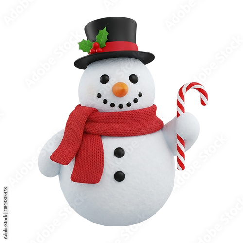 Snowman with a candy cane and red scarf on white background