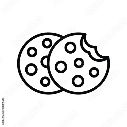 Simple black and white illustration of two chocolate chip cookies one bitten